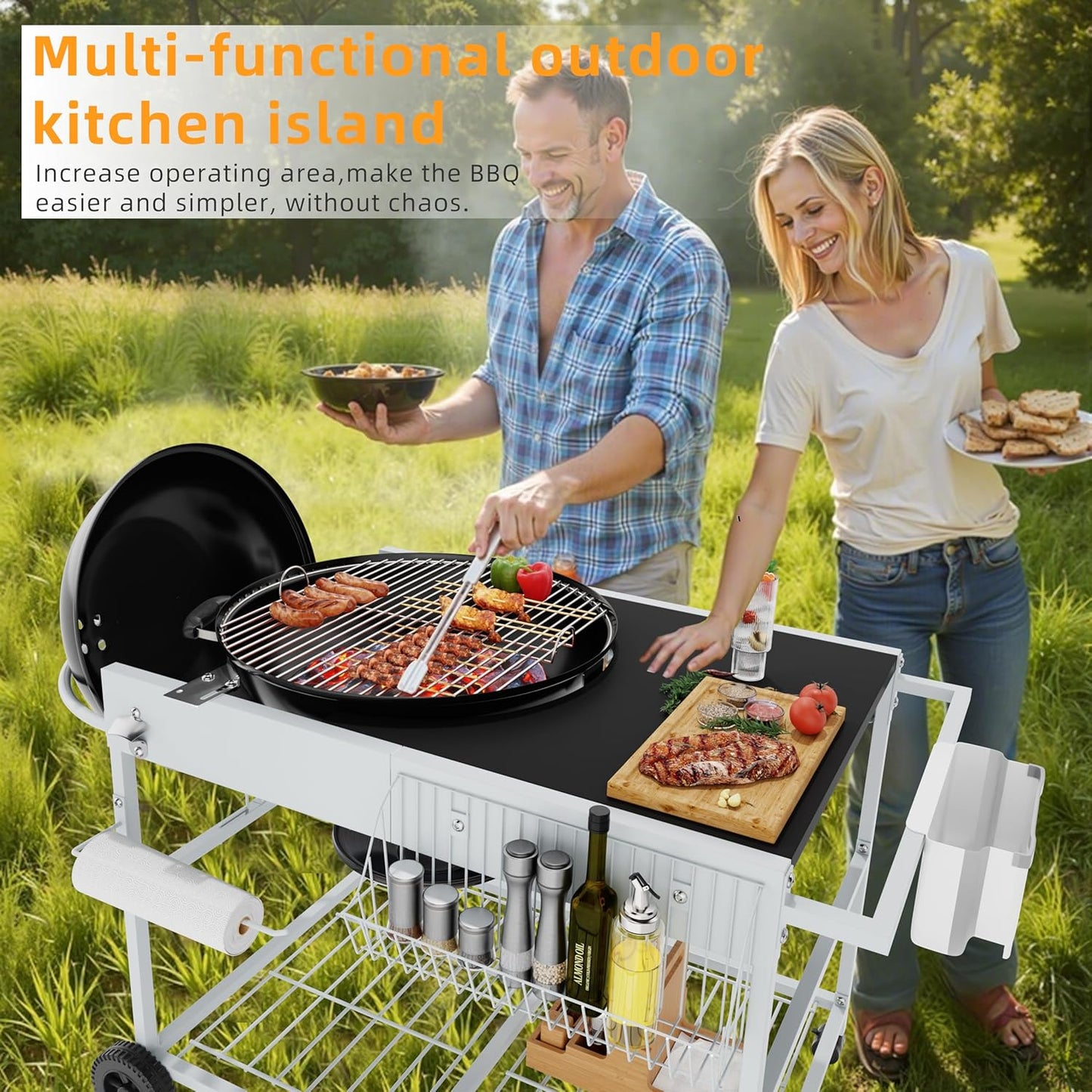 Vongrasig Grill Table for Weber Kettle 18" & 22", Outdoor BBQ Grill Cart for Weber Original Kettle,Jumbo Joe,Master-Touch Charcoal Grill, Outdoor Kitchen Island with Storage