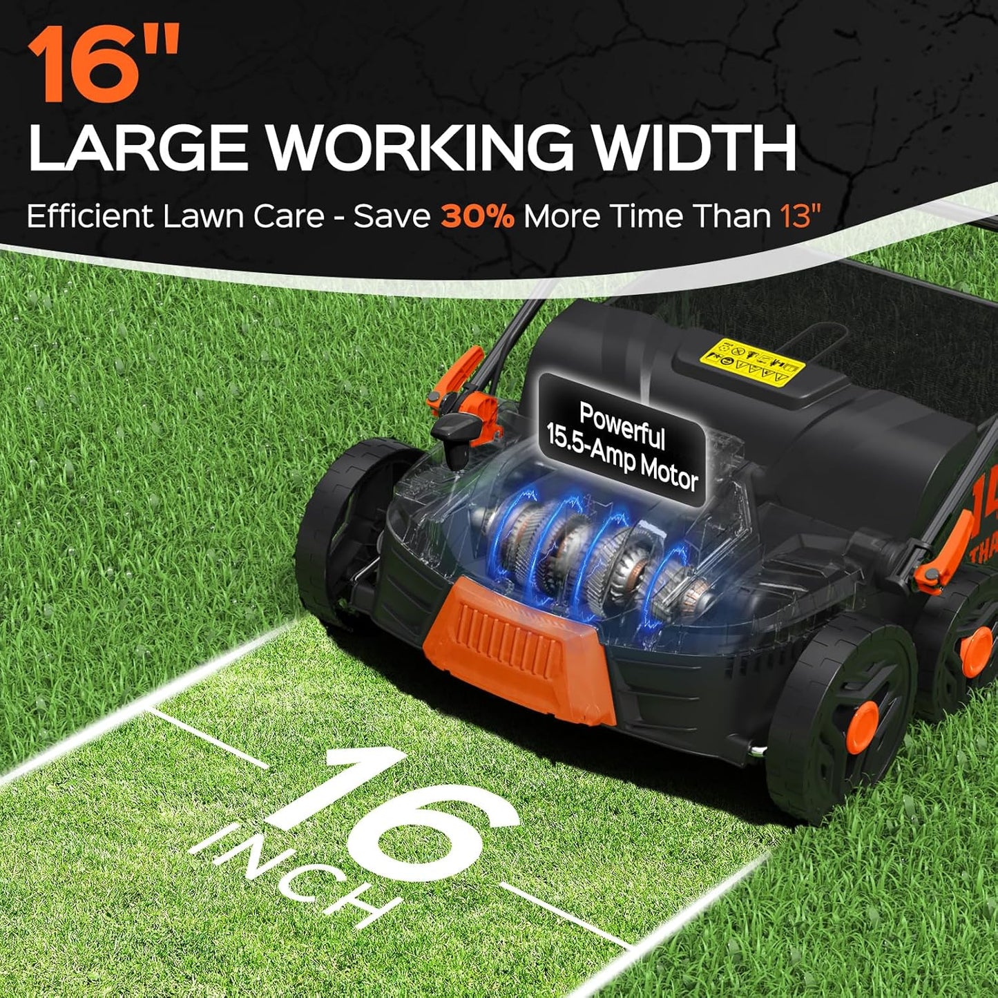16-Inch 15.5 Amp 2-in-1 Electric Dethatcher and Scarifier with 14.5-Gallon Removable Thatch Collection Bag, Lawn Dethatcher with 5-Position Adjustment, Quick-Fold, Keeps Lawn Healthy - Orange