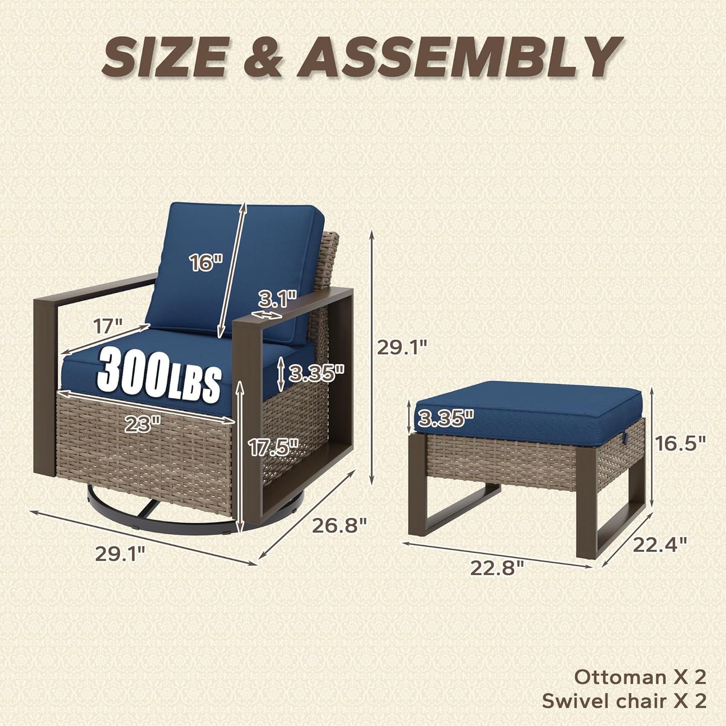 Outdoor Wicker Metal Chairs Set of 2 with Two Ottomans, 360 Degree Glider Rockers Armchairs, 4 Pieces Patio Bistro Set with Wood-Looking Metal Armrest for Poolside, Terrace, Dark Blue