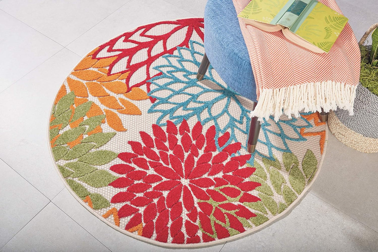 Nourison Aloha Indoor/Outdoor Green 4' x Round Area-Rug, Tropical, Botanical, Easy-Cleaning, Non Shedding, Bed Room, Living Room, Dining Room, Deck, Backyard, Patio (4 Round)