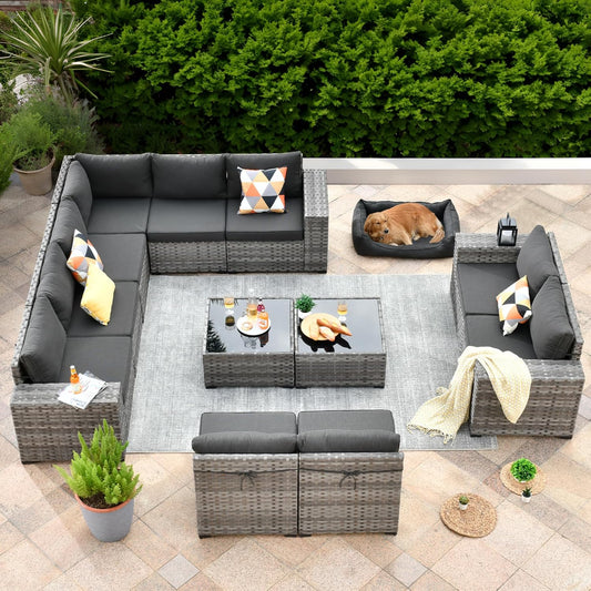 ovios 12 Pieces Patio Furniture Set, Outdoor Wicker Sectional Sofa with Glass Table Comfy Cushions, Modern Modular Deep Seat Couch Rattan Conversation Set, Black
