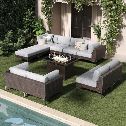 LayinSun 11-Piece Outdoor Modular Wicker Sectional Sofa with Fire Pit Table, Patio Furniture Conversation Set with Deep Seating and Thick Cushions