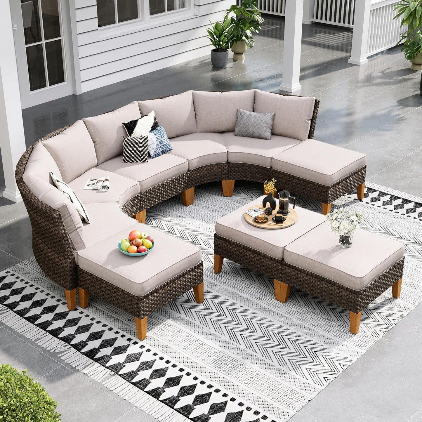 Sophia & William Large Half-Moon Outdoor Patio Furniture Set 9 Piece High Back Wicker Rattan Patio Sectional Furniture Sofa Set Fan-Shaped Conversation Set with 4 Ottomans & 4" Thick Cushions, Beige