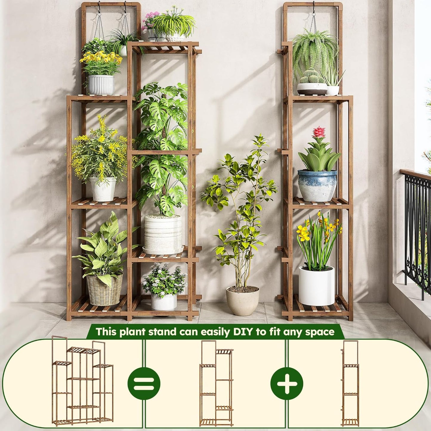 EnHomee Plant Stand Indoor Wood Plant Stand Outdoor Plant Shelf with 14-18 Potted Double Rod Large Plants Holder 440LBS Plants Shelves for Living Room Patio Balcony Yard Garden 44.8''W×11.6''D×47''H