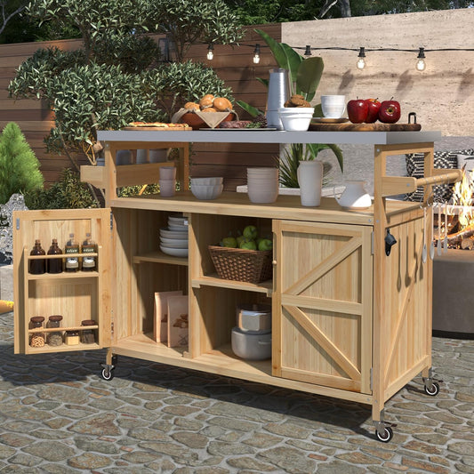 Grill Cart with Stainless Steel Tabletop - Outdoor Storage Cabinet for BBQ, Bar Patio Kitchen Island with Ample Storage and Lockable Wheels