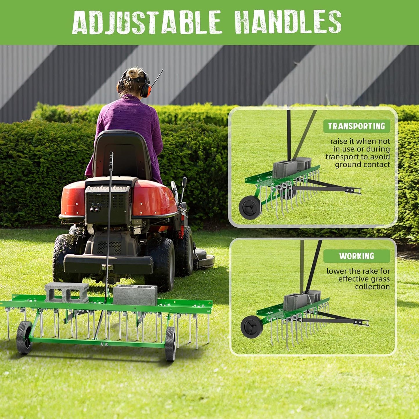 48" Tow-Behind Dethatcher with 24 Spring Steel Tines, Pull Behind Lawn Tractor Mower Grass Rake for Yard, Garden, and Farm Care – Removes Thatch, Leaves, and Pine Needles-Green