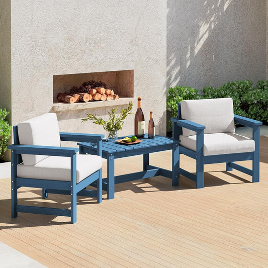 SERWALL 3 Pieces HDPE Outdoor Sofa Bistro Set with Cushion, Patio Outdoor Furniture Sofa Sets with Porch Chairs and Coffee Table, Blue Frame/Khaki Cushion