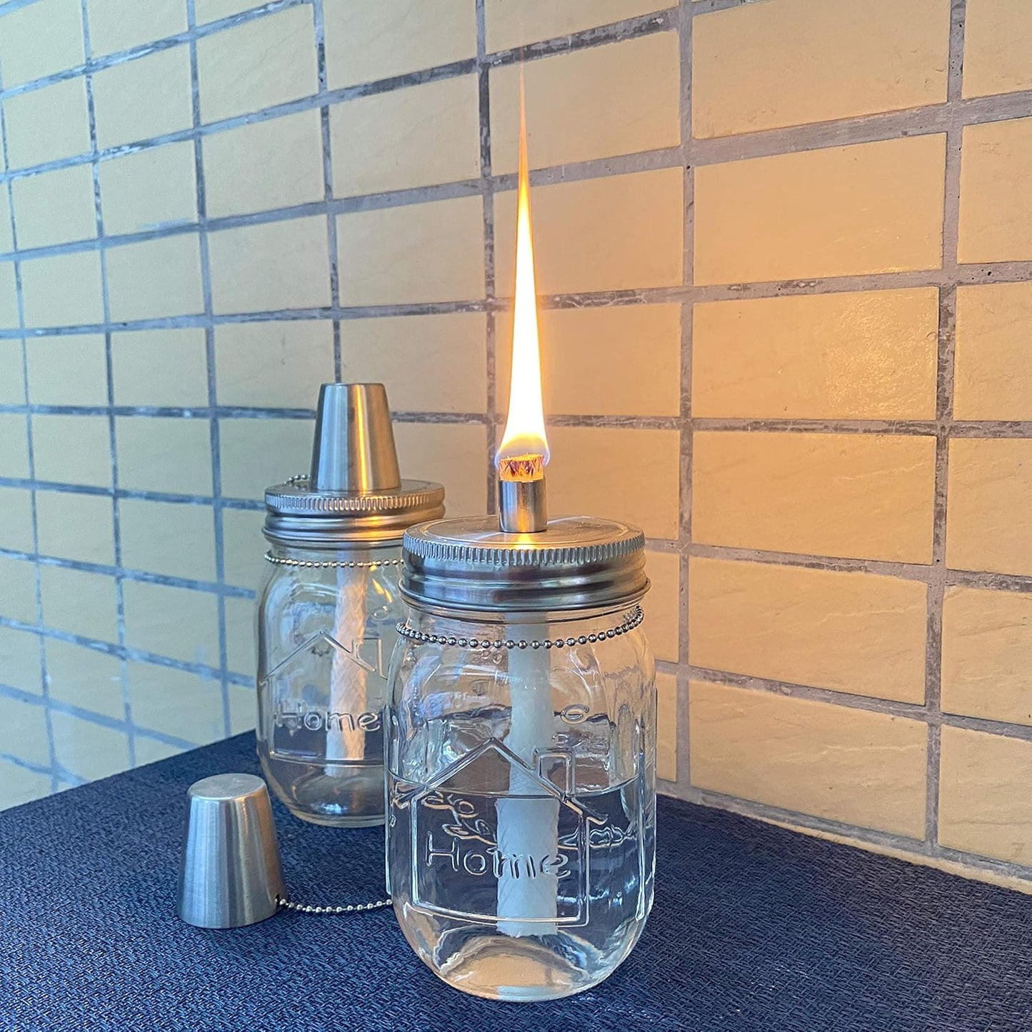 Mason Jar Tabletop Torch Kits,4 Pack Longlife Fiberglass Wicks,Stainless Steel Mason Jar Lids Caps Included,Outdoor Deck Oil Lamp Torch