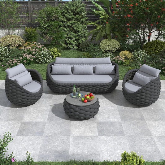 Modern Outdoor Living Room Furniture Set: 4-Piece Alumunim Assembled Woven Rope Accent Patio Conversation Set, All-Weather Lounge Sofa Set for Porch Backyard Garden Deck Poolside Hotel