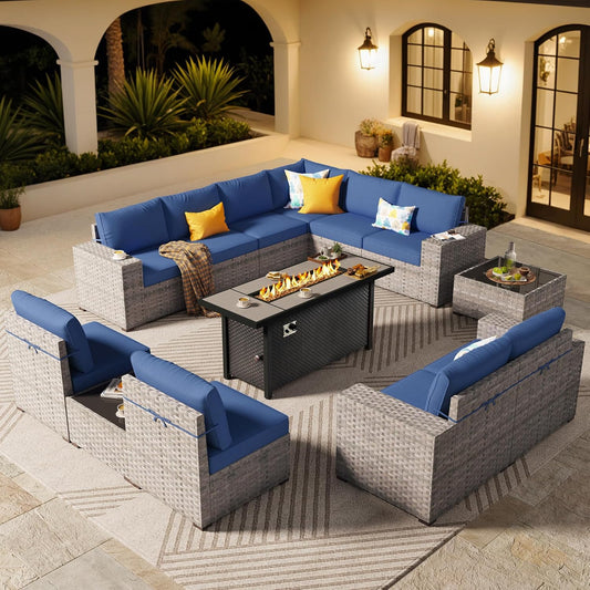 ovios 13 Pieces Patio Furniture Set, Outdoor Wicker Sectional Sofa with 54 Inch Fire Pit Table Comfy Cushions, Modern Modular Deep Seat Rattan Couch Conversation Set, Navy Blue