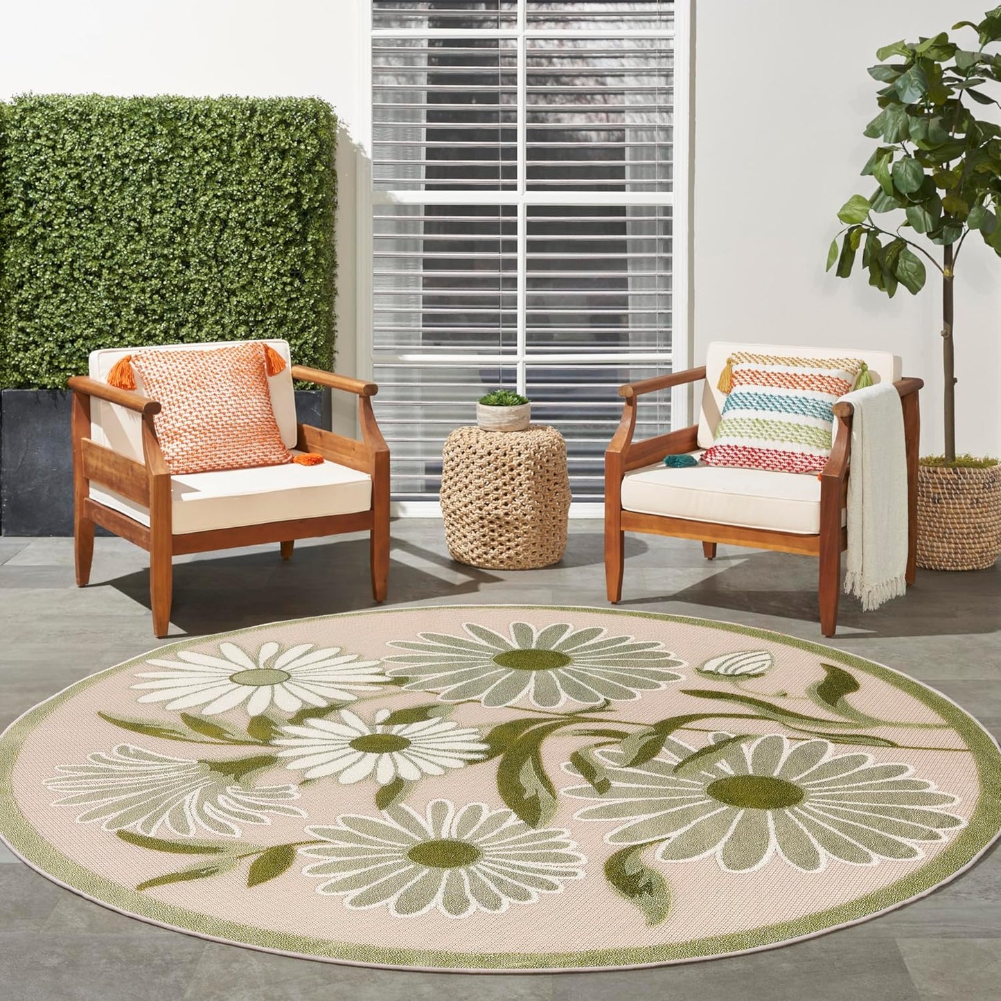 Nourison Home Aloha Indoor/Outdoor Ivory Green 5'3" x Round Area Rug, Easy-Cleaning, Non Shedding, Bed Room, Living Room, Dining Room, Backyard, Patio, Deck (5 Round)