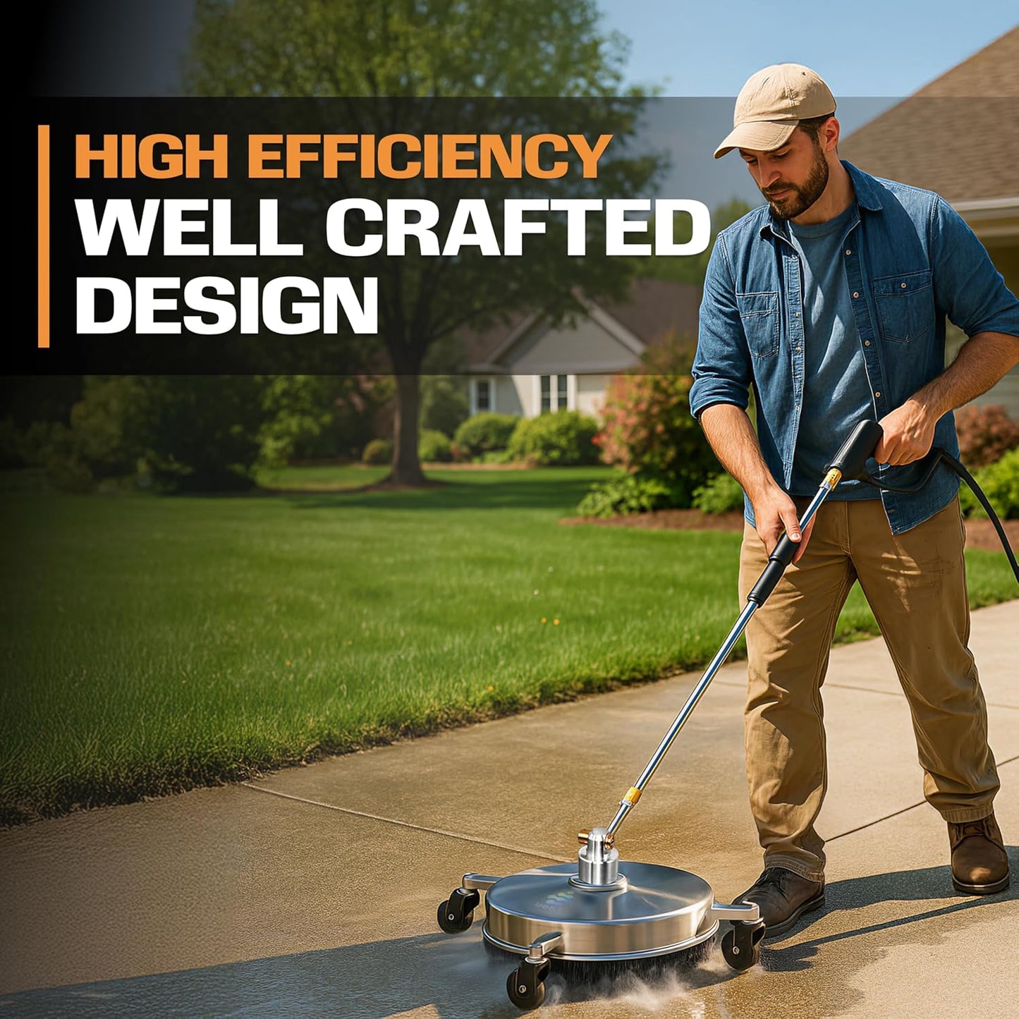 EDOU 18 inch Pressure Washer Surface Cleaner - Stainless Steel Power Washer Attachment - 4,000 PSI Max - Concrete Cleaner with Dual Nozzles and Extension Wands - Silver