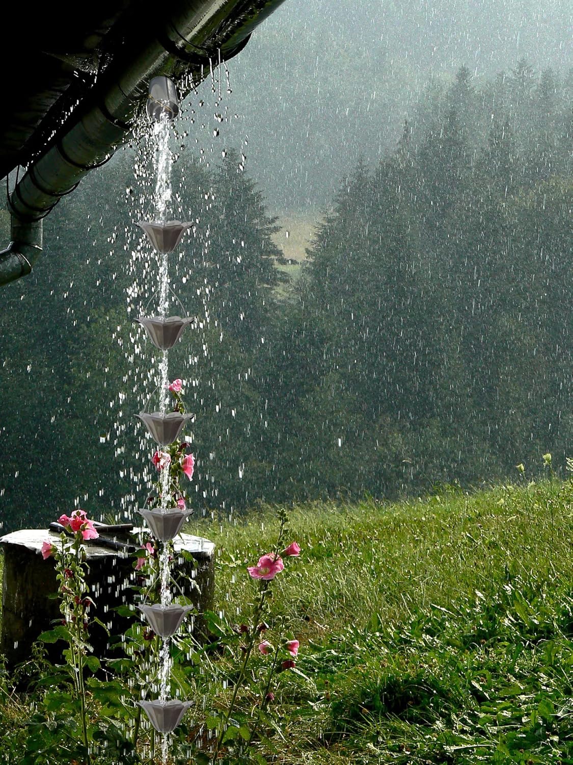 8.5FT Lotus Silver Color Iron Rain Chains for Gutter and Rain Barrel, Rust-Resistant Plated Garden Décor Rain Chain for Downspout, Bonus Rain Chain Gutter Adapter