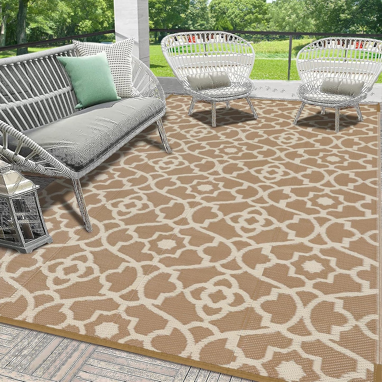 HEBE Outdoor Rug Waterproof 8x10, Plastic Straw Rug Camping Rug, Reversible Outdoor Patio Rugs RV Mat Clearance, Indoor Outside Floor Carpet for Porch,Deck,Camper,Balcony,Backyard