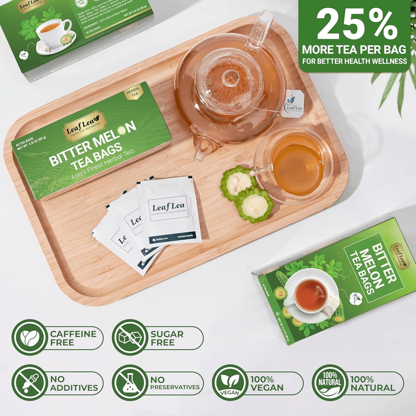 LeafLea 120 Bitter Melon Tea Bags, 100% Pure Bitter Melon Fruit. Supports Wellness and Digestion | Caffeine-Free, Sugar-Free, Vegan, Pack of 3