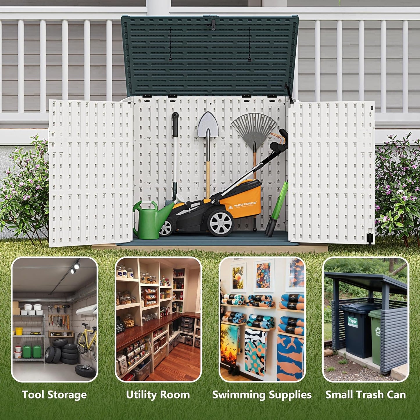 Greesum Outdoor Resin Storage Shed, 34 Cu.ft Horizontal Outdoor Storage Box Waterproof for Garden, Pool Storage, Garbage Cans, Beige