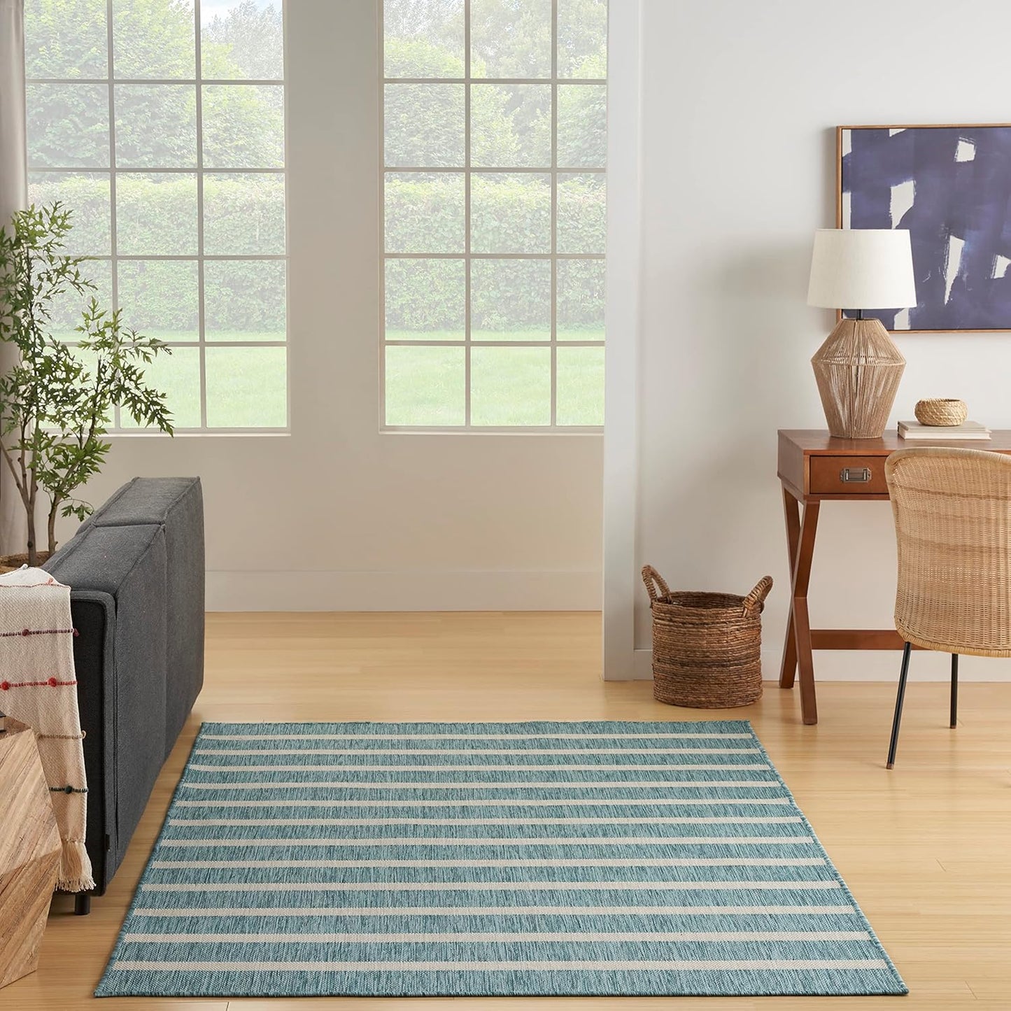 Nourison Home Positano Indoor/Outdoor Aqua Ivory 7' x 10' Area -Rug, Easy -Cleaning, Non Shedding, Bed Room, Living Room, Dining Room, Deck, Backyard, Patio (7x10)