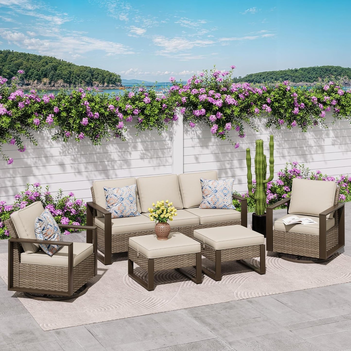 5 Pieces Metal Wicker Patio Furniture Set with 75" Sofa, Two Swivel Chairs and Two Ottomans, All Weather Rattan Outdoor Conversation Furniture with Washable Cushions for Porch, Beige