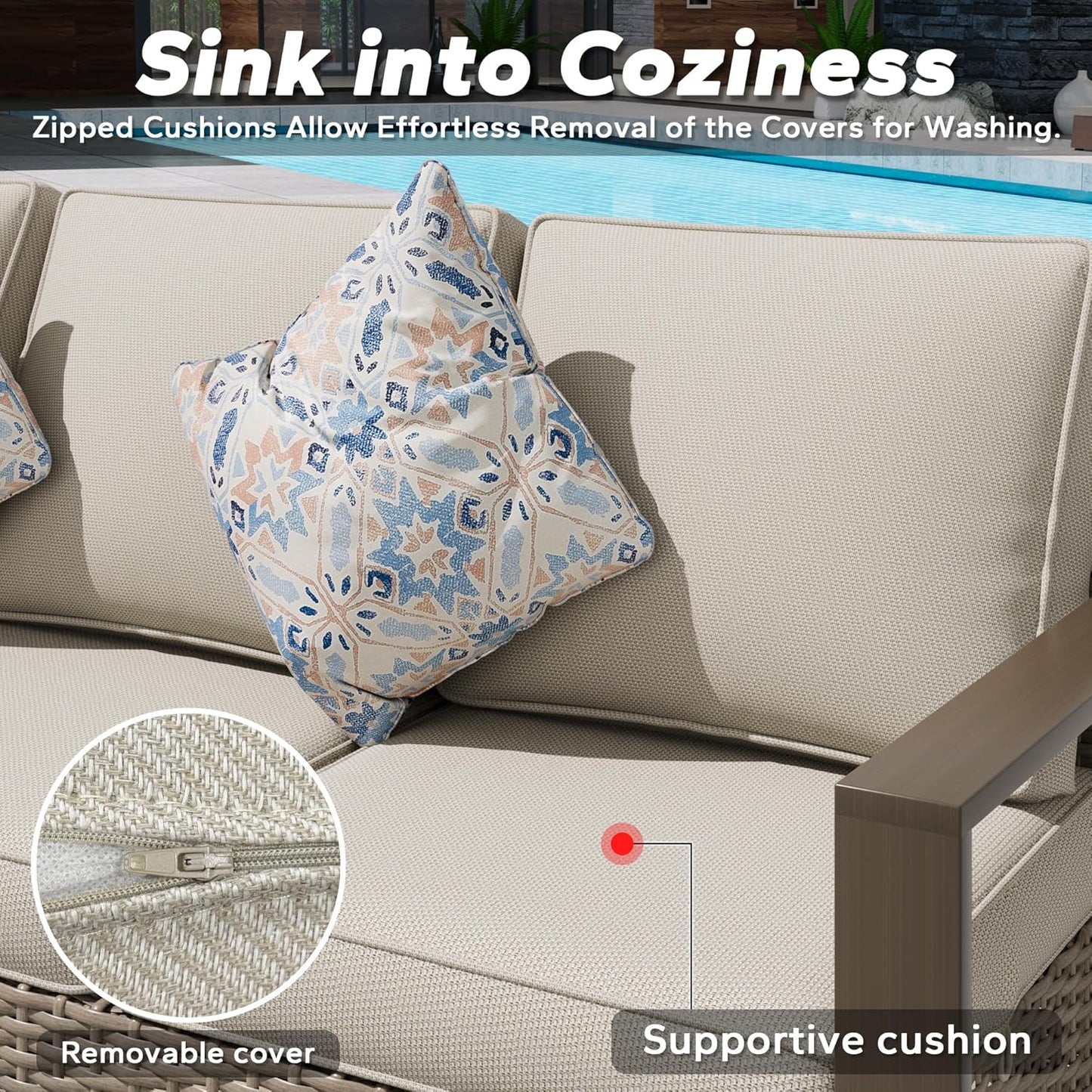 Wicker Patio 75" Sofa Set with Two Armchairs, All Weather Rattan Outdoor Conversation Furniture Set with Wood-Looking Metal Armrest & Removable Cushions for Deck Backyard Porch, Beige