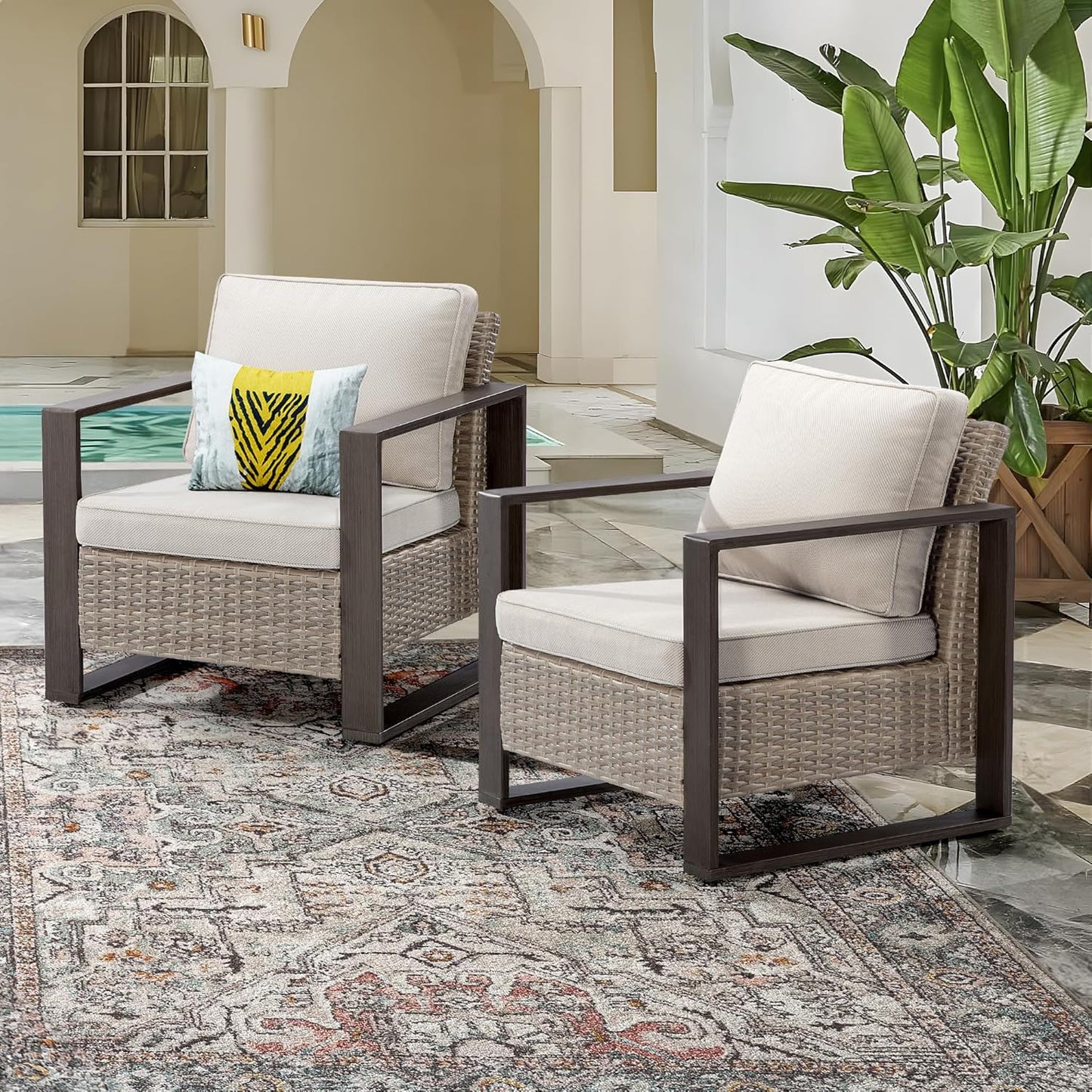 Patio Metal Wicker Chairs Set of 2, All Weather Outdoor Rattan Dining Chairs with Rectangular Framed Wood-Looking Metal Armrest & Fade-Resistant Cushions for Deck Balcony Backyard, Beige