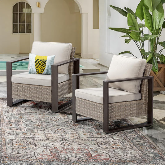 Patio Metal Wicker Chairs Set of 2, All Weather Outdoor Rattan Dining Chairs with Rectangular Framed Wood-Looking Metal Armrest & Fade-Resistant Cushions for Deck Balcony Backyard, Beige
