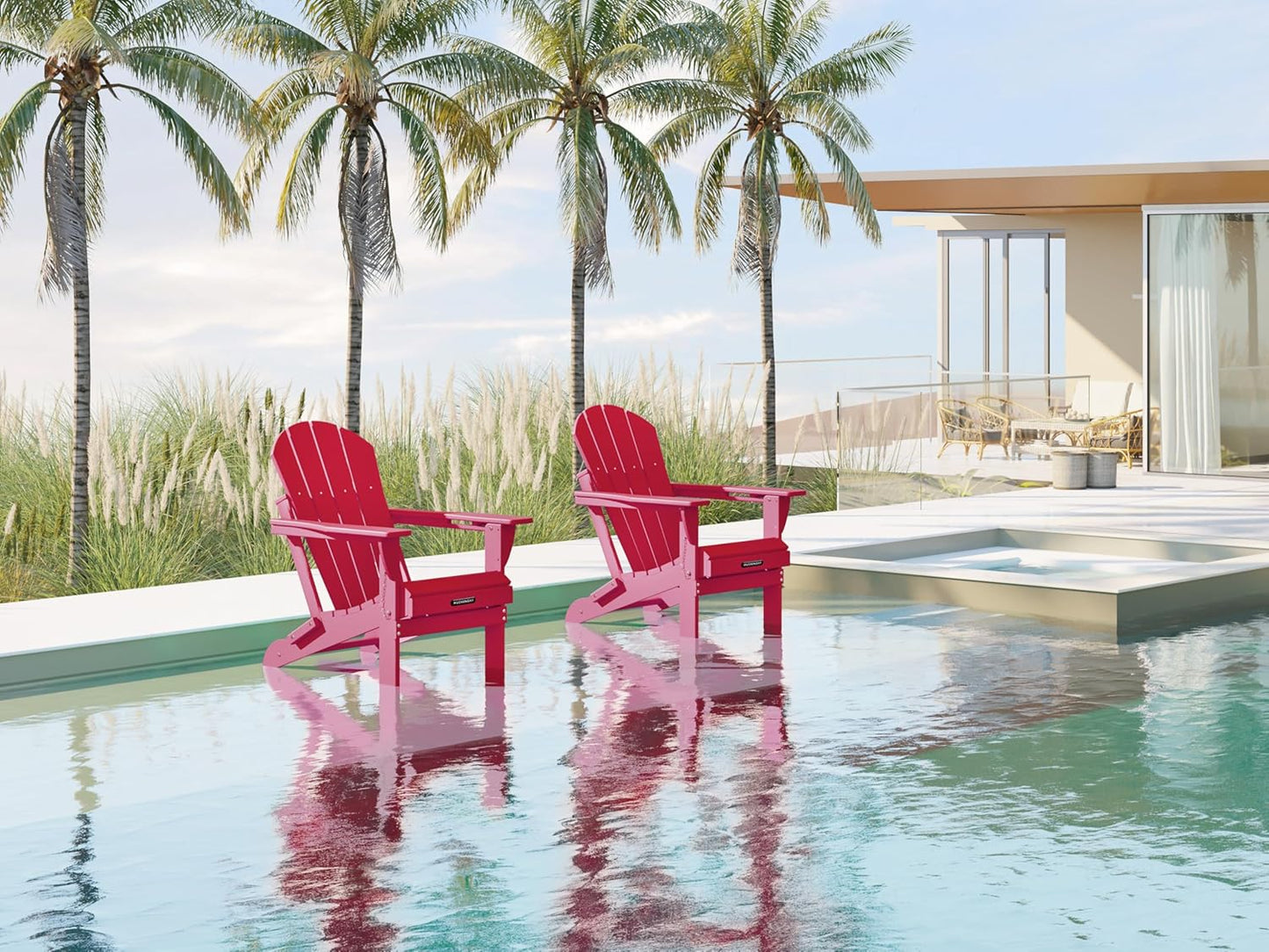 MUCHENGHY Folding Adirondack Chairs Set of 2, Patio Chairs, Lawn Chairs, Outdoor Chairs, Adirondack Chair Plastic, Fire Pit Chairs, Weather Resistant with Cup Holder for Deck, Backyard, Garden(Red)