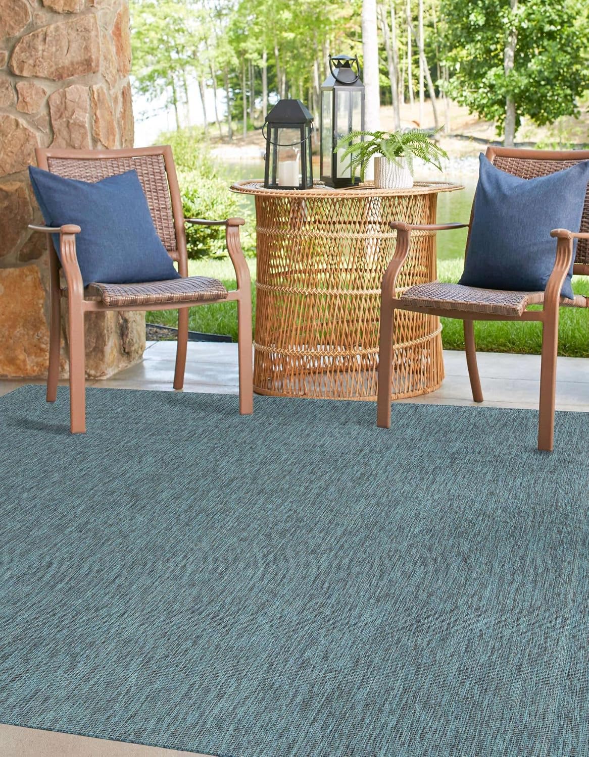 Unique Loom Outdoor Solid Collection Area Rug (10' Square Teal/Navy Blue)