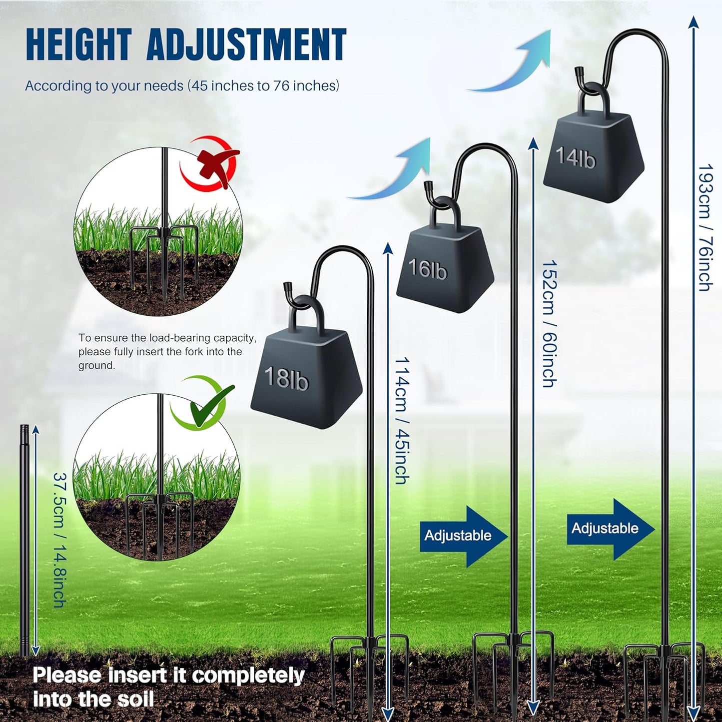 Ottsuls Shepherd Hooks with 5 Prongs Base for Outdoor - 76 Inch Adjustable Bird Feeder Pole for Outside Hanging, Garden, Hummingbird Feeder, Plant Baskets, Solar Light Lanterns, Wedding Decor (1 Pack)