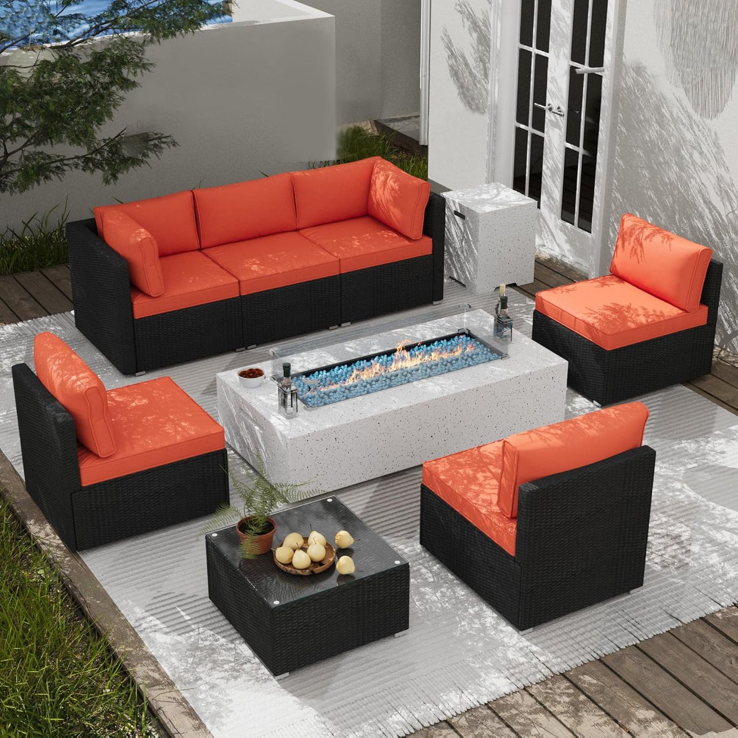 8 Piece Patio Furniture Set - Outdoor Conversation Sets with 56" Fire Table and Coffee Table, Rattan Modular Sofa Set for Garden/Poolside, Orange/Black