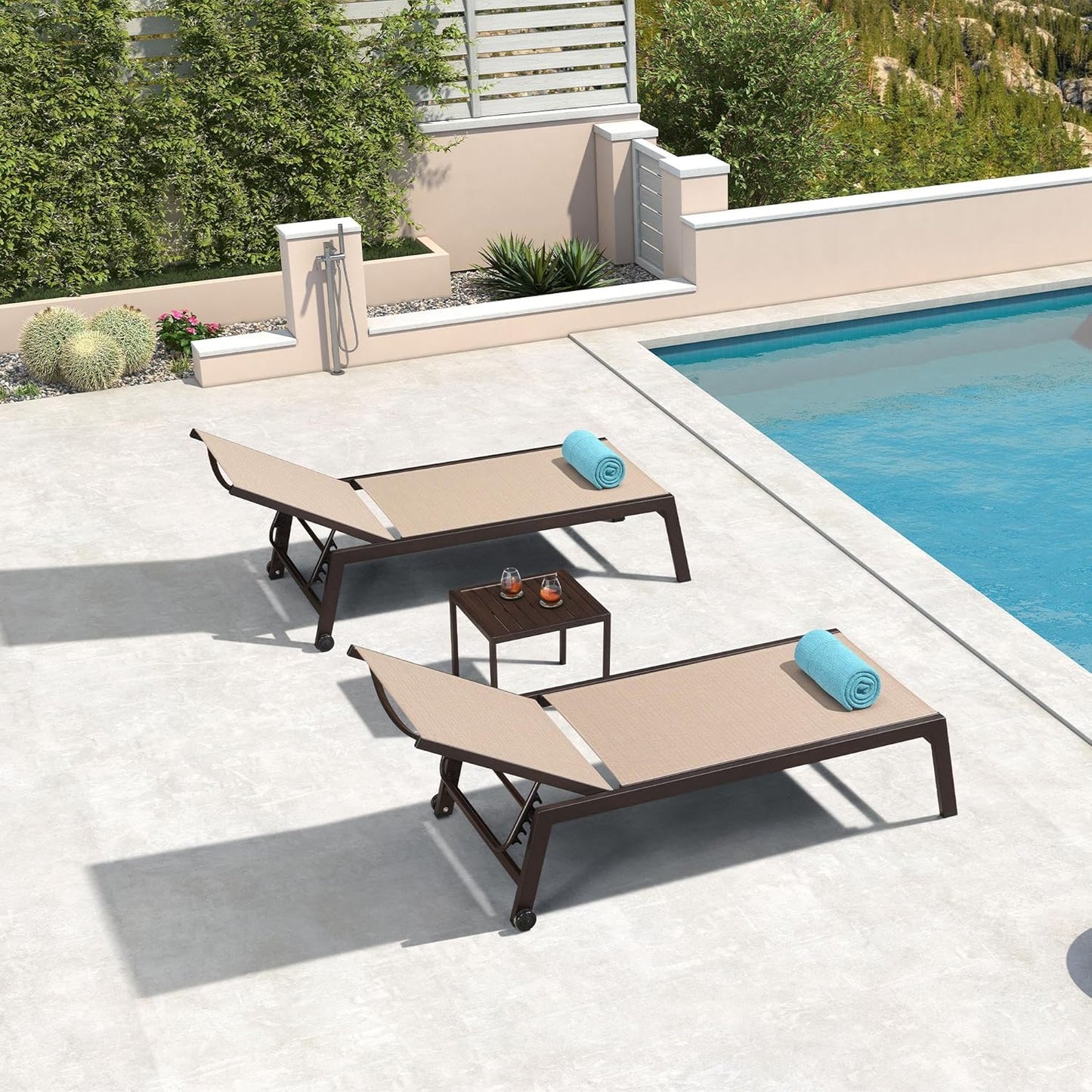 PURPLE LEAF Oversized Patio Lounge Chairs Set of 3, Reclining Pool Lounge Chairs with Side Table and Wheels for All Weather for Outdoor, Deck, Lawn, Aluminum Outside Pool, Cream