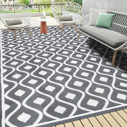 Pauwer Waterproof Outdoor Rug 8x10, Reversible Plastic Straw Patio Camping Rug, Indoor Outdoor RV Mat Carpet for Deck, Camper, Porch, Balcony, Backyard, Picnic, Geometric Grey