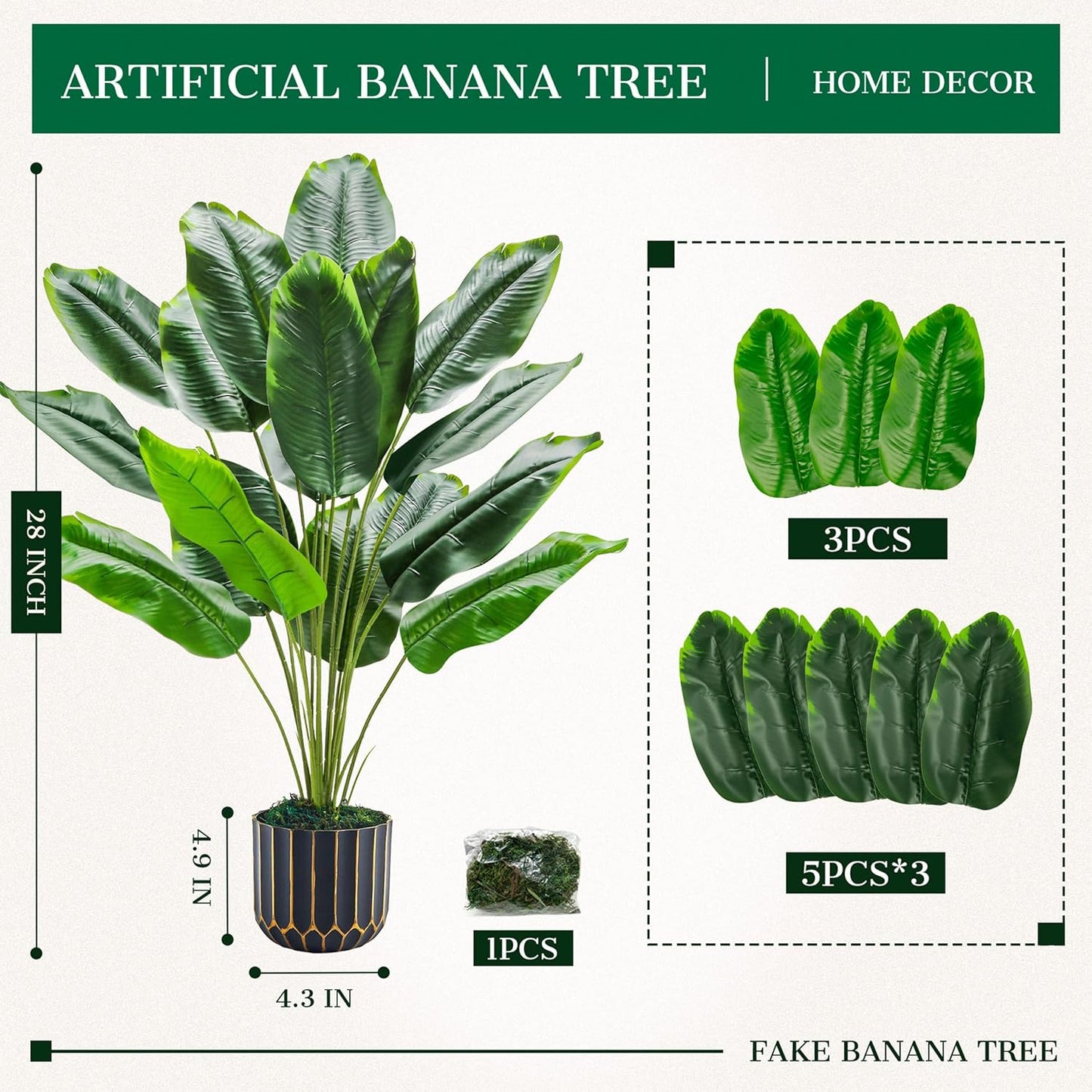 Der Rose 28" Tall Bird of Paradise Artificial Plants Tropical Fake Potted Banana Tree Faux Plants Indoor and Outdoor for Home Office Living Room Porch Balcony Decor