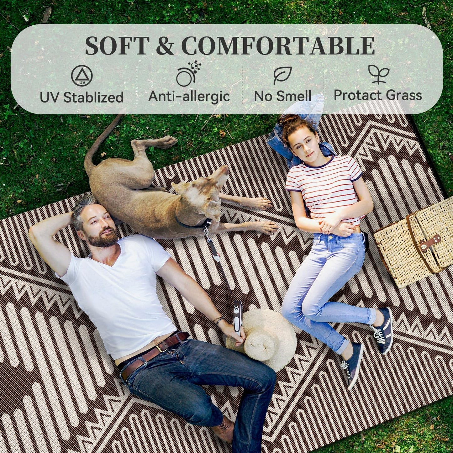 MontVoo Outdoor Rug 8x10 Waterproof Patio Rug-Outdoor Carpet Mat Reversible Plastic Straw Outside Outdoor Rug for RV Camping Picnic Balcony Backyard Pool Deck Porch Modern Boho Beige Brown