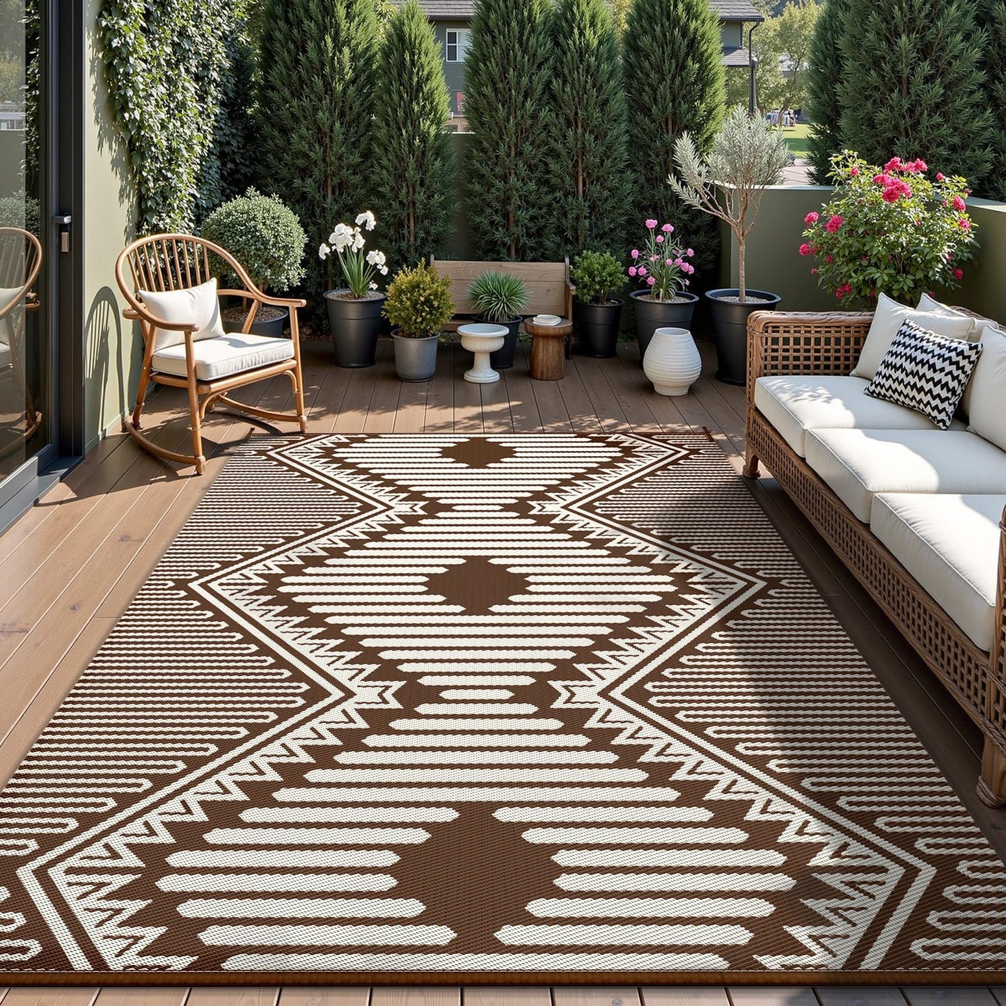 MontVoo Outdoor Rug-Waterproof Patio Rug Mat 5x8 Outdoor Carpet Mat Reversible Plastic Straw Outside Outdoor Rug for RV Camping Picnic Balcony Backyard Pool Deck Porch Modern Boho Beige Brown