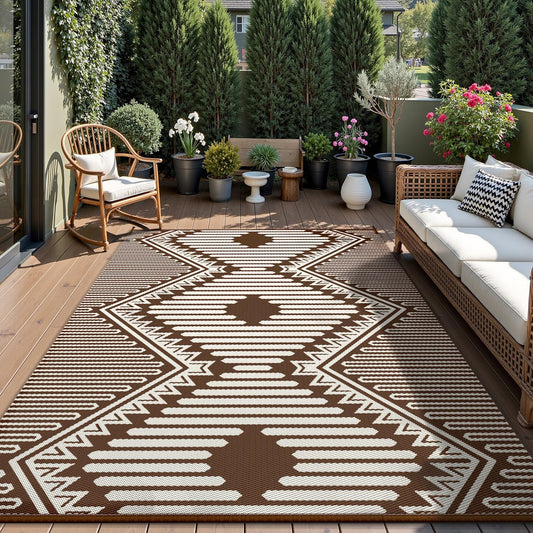 MontVoo Outdoor Rug-Waterproof Patio Rug Mat 5x8 Outdoor Carpet Mat Reversible Plastic Straw Outside Outdoor Rug for RV Camping Picnic Balcony Backyard Pool Deck Porch Modern Boho Beige Brown