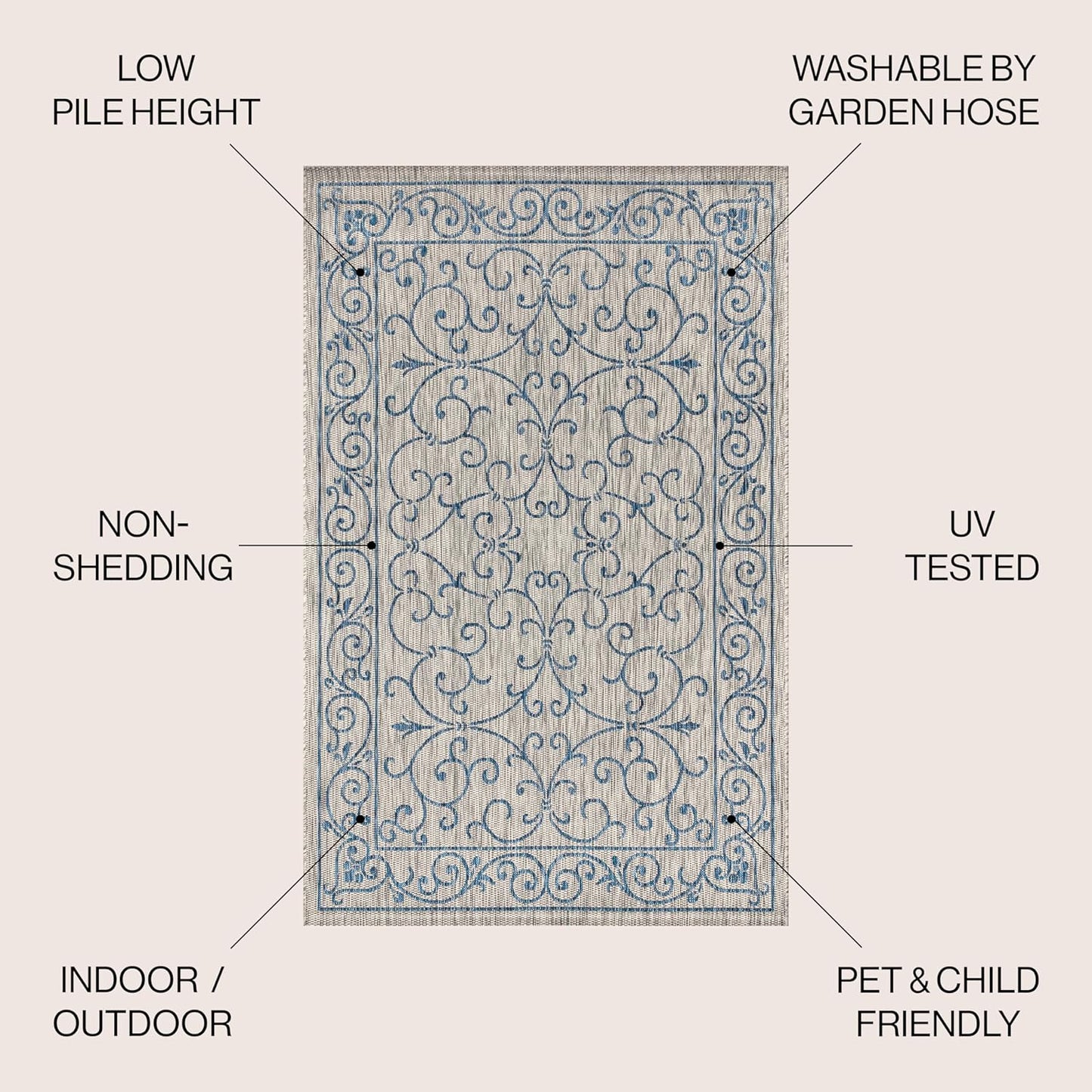 JONATHAN Y SMB106C-9 Charleston Vintage Filigree Textured Weave Indoor Outdoor Area Rug Classic Coastal Easy Cleaning Bedroom Kitchen Backyard Patio Non Shedding, 9 X 12, Gray/Navy