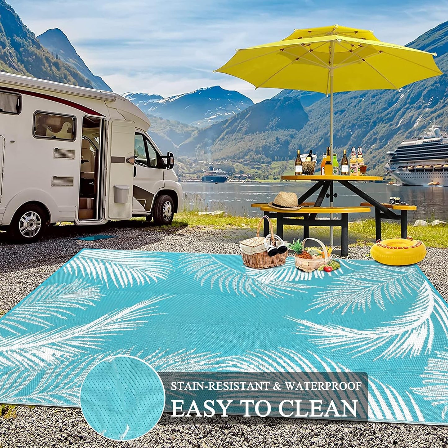 Pauwer Waterproof Outdoor Rug 10x14, Reversible Plastic Straw Patio Camping Rug, Indoor Outdoor RV Mat Carpet for Deck, Camper, Porch, Balcony, Backyard, Picnic, Leaf Teal