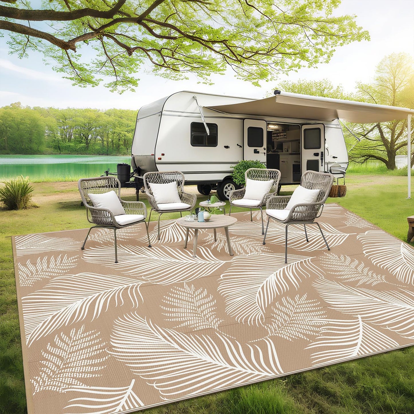 Pauwer Waterproof Outdoor Rug 10x14, Reversible Plastic Straw Patio Camping Rug, Indoor Outdoor RV Mat Carpet for Deck, Camper, Porch, Balcony, Backyard, Picnic, Leaf Brown