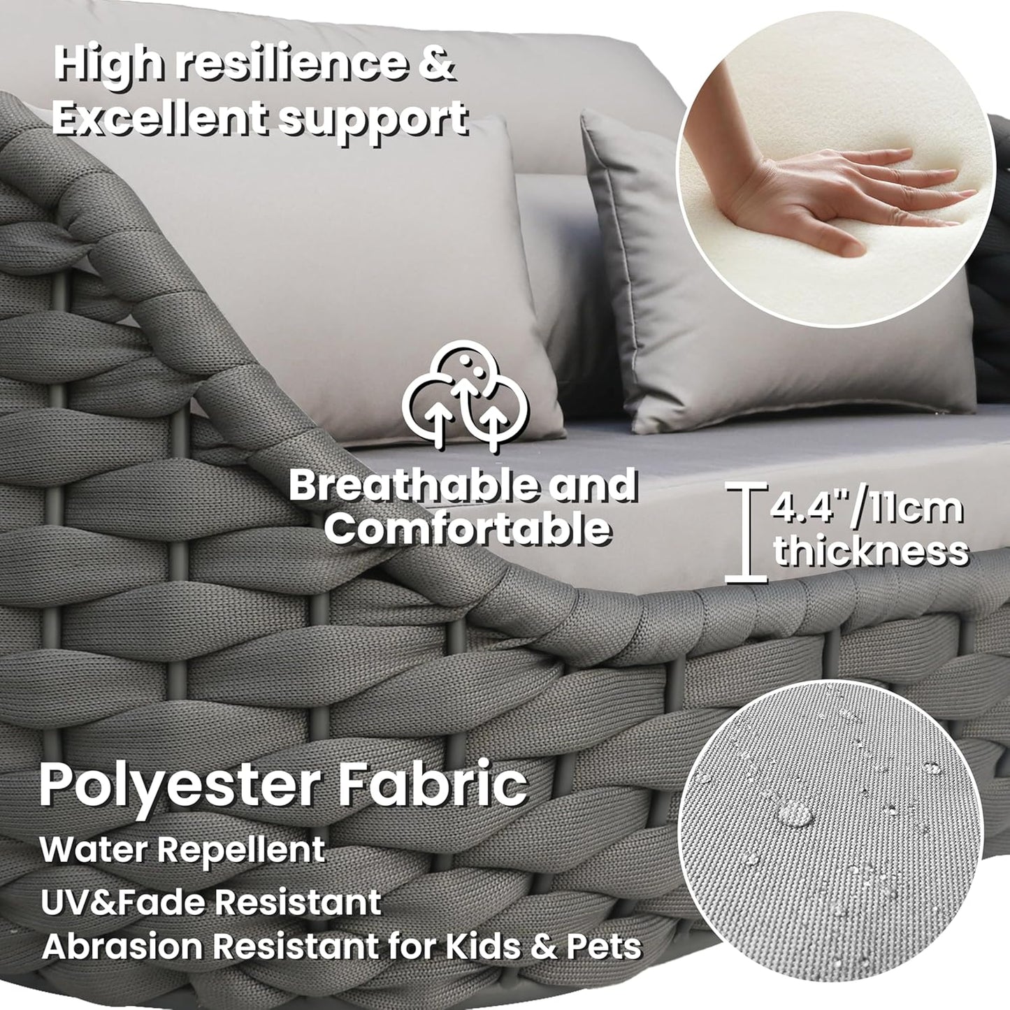 Modern Outdoor Living Room Furniture Set: 4-Piece Alumunim Assembled Woven Rope Accent Patio Conversation Set, All-Weather Lounge Sofa Set for Porch Backyard Garden Deck Poolside Hotel