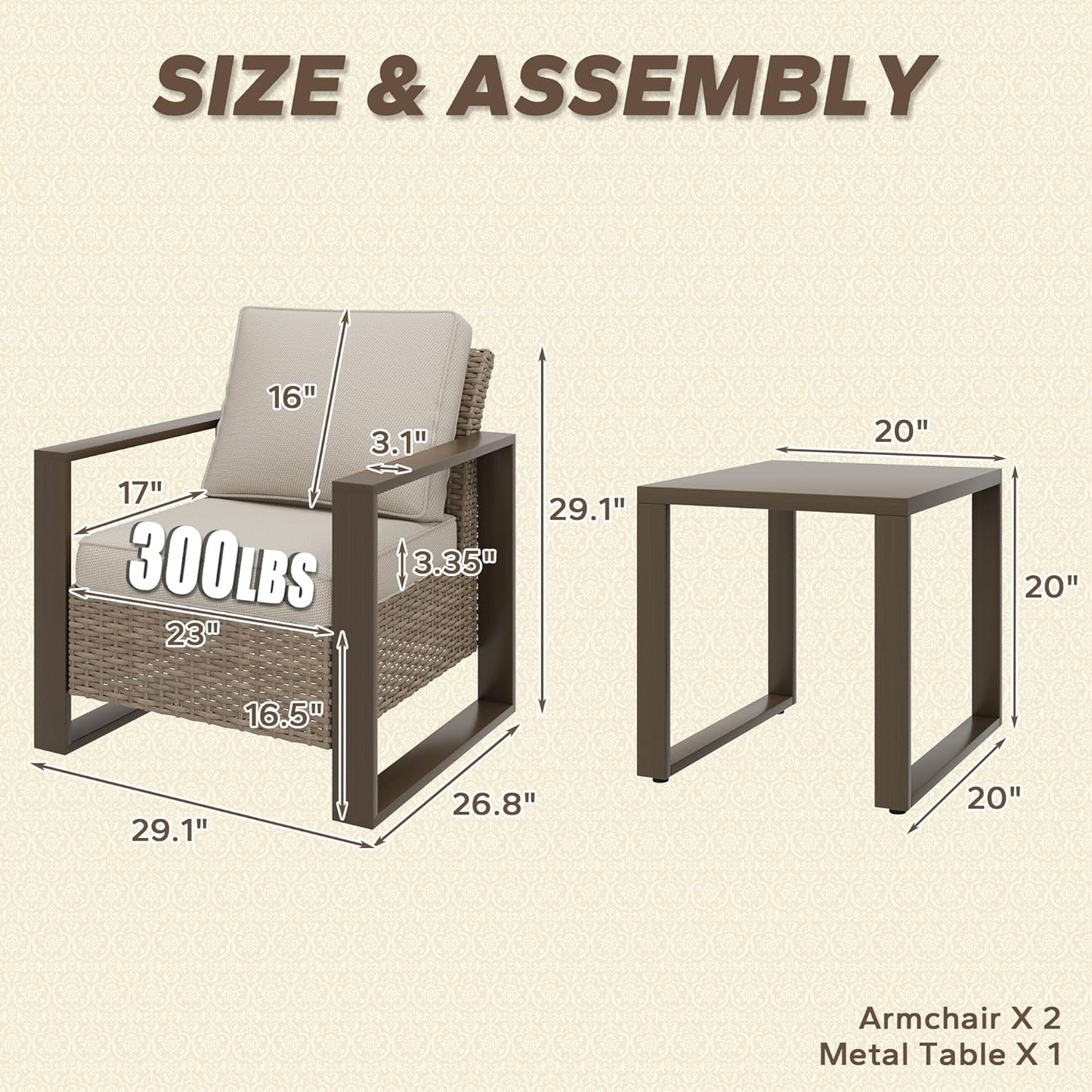 Outdoor Wicker Metal Chairs Set of 2 with Matching Side Table - 3 Pieces Patio Bistro Set with Removable Olefin Fabric Cushions & Rectangular Framed Wood-Looking Metal Armrest, Beige