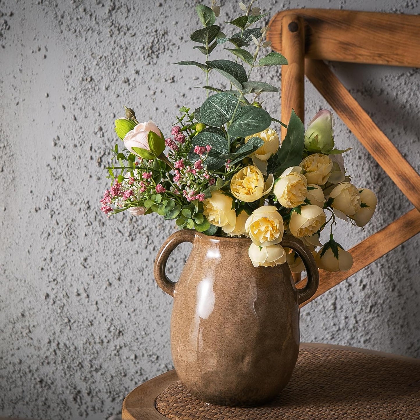 Kimdio Brown Ceramic Vase with 2 Handles, Modern Farmhouse Vase for Home Decor, Vintage Rustic Pottery Vase, Decorative Terracotta Vase, Clay Jug for Living Room Dining Table Shelf