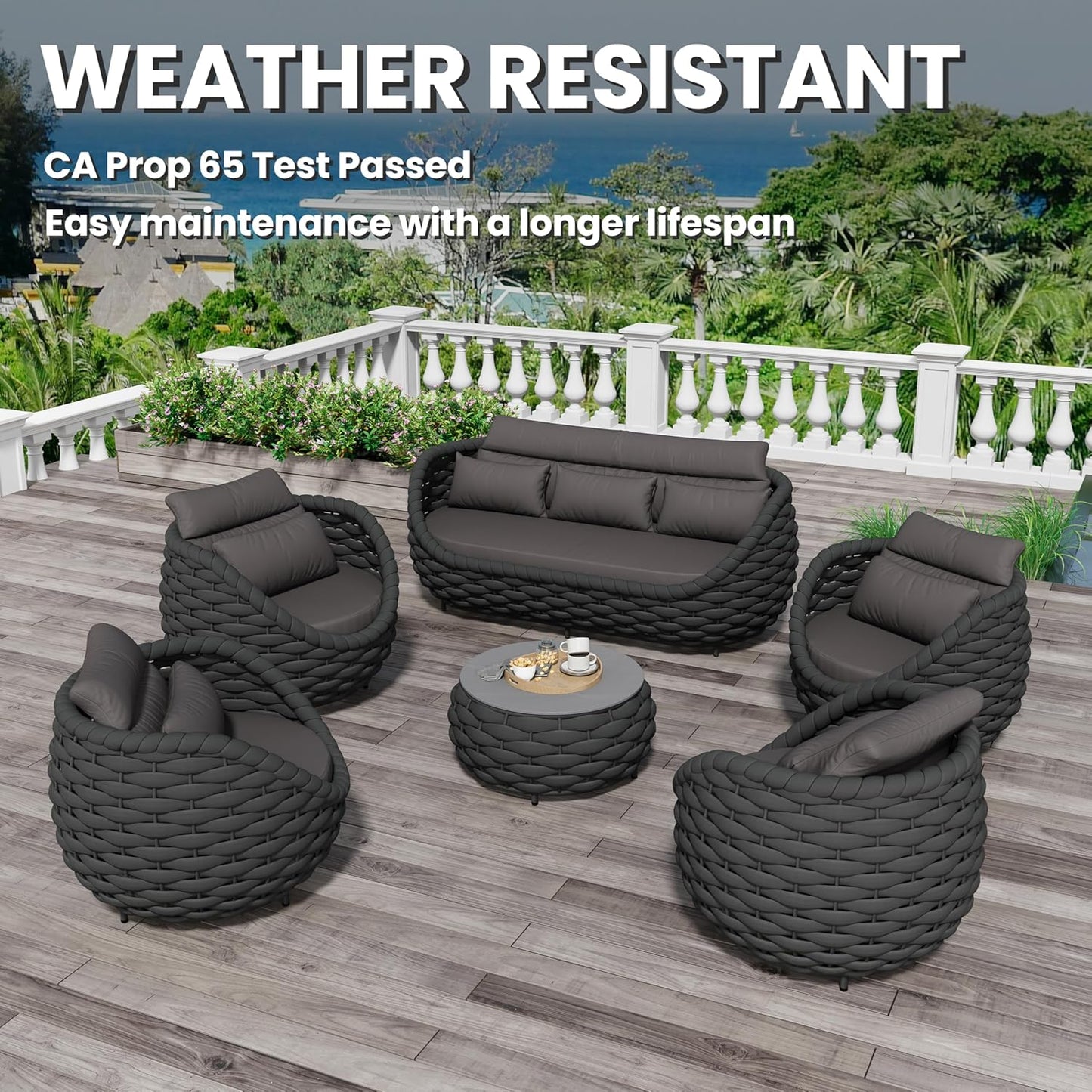 Aluminum Rope Patio Furniture Set: 6 Pieces Assembled Outdoor Conversation Sofa Set for 7 - Modern Metal Couch Set Cushioned - All Weather Porch Seating for Deck Garden Lanai Hotel, Dark Gray