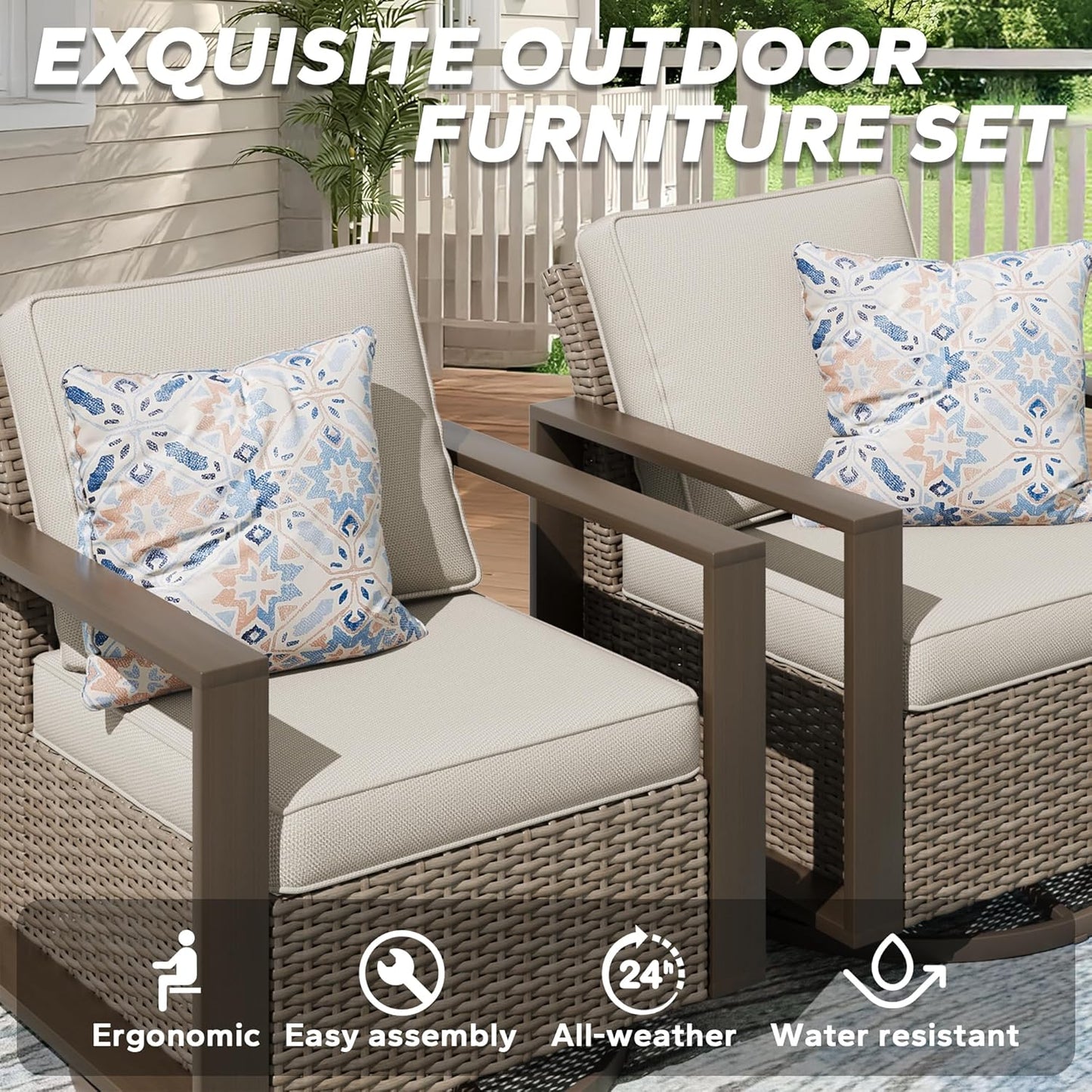 Wicker Patio 75" Sofa Set with 2 Swivel Chairs, All Weather Rattan Outdoor Conversation Furniture Set with Wood-Looking Metal Armrest & Removable Cushions for Backyard Porch, Beige