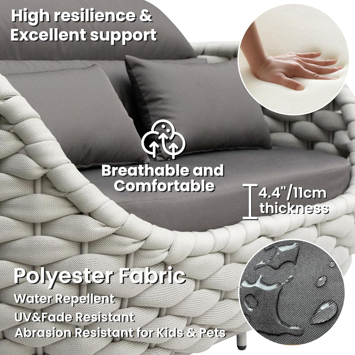 Aluminum Patio Furniture Set: 4 Pieces Woven Rope Outdoor Conversation Sofa Set Assembled - Modern Cushioned Armchair Couch Set for 660lbs Porch Deck Backyard Poolside Garden Drawing Room Hotel