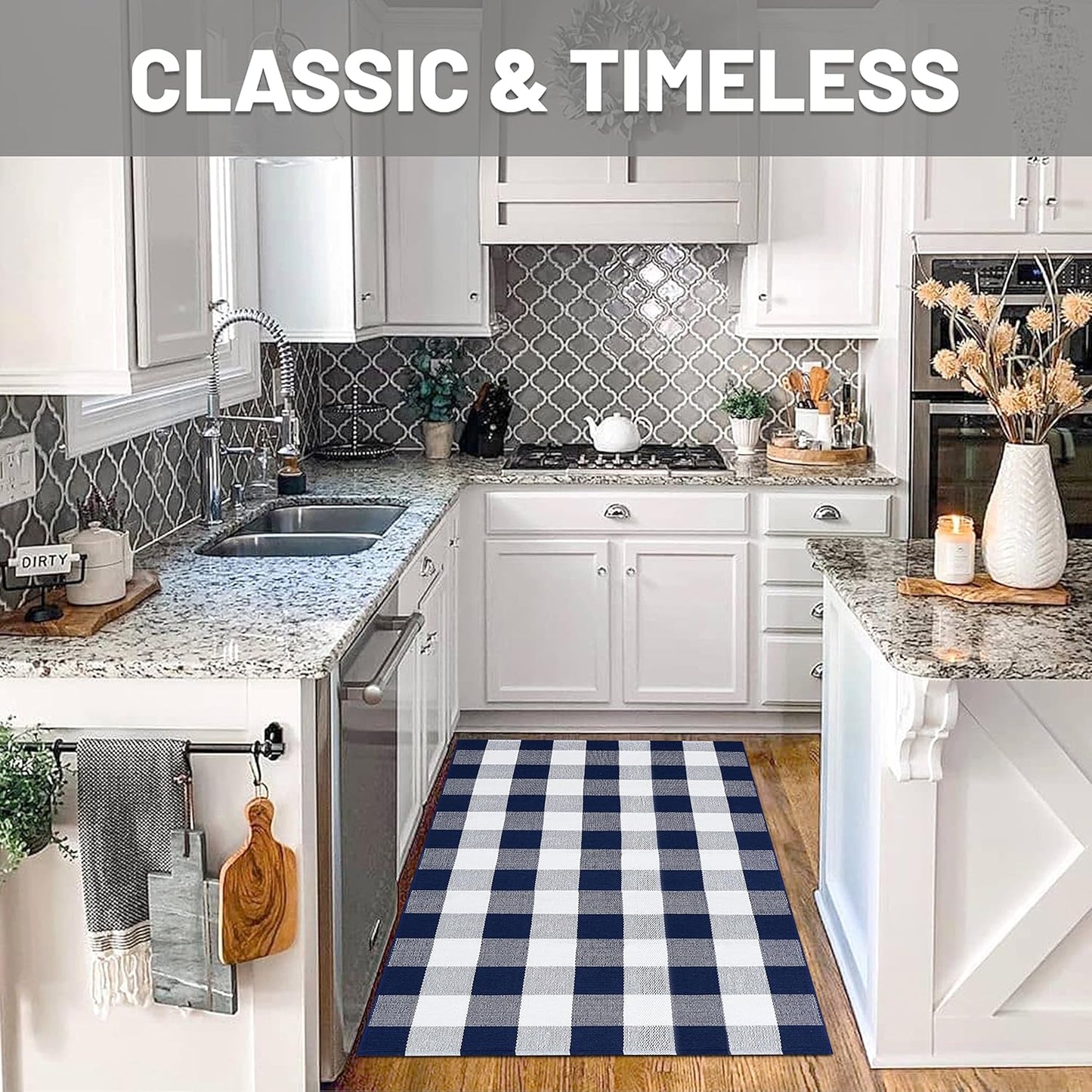 IOHOUZE Buffalo Plaid Checkered Rug 3x5 Ft Front Door Mats, Washable Area Rugs for Front Porch Decor, Spring Summer Welcome Mats Outdoor, Navy White Rug for Farmhouse/Entryway/Home Entrance