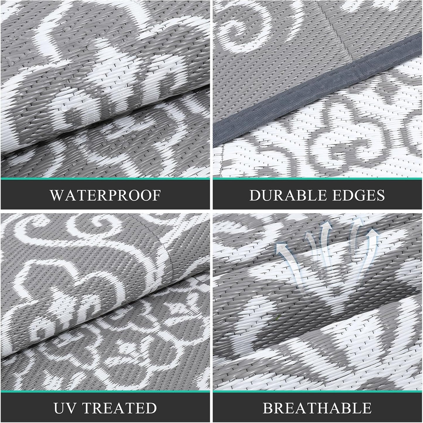 Pauwer Waterproof Outdoor Rug 9x12, Reversible Plastic Straw Patio Camping Rug, Indoor Outdoor RV Mat Carpet for Deck, Camper, Porch, Balcony, Backyard, Picnic, Floral Grey