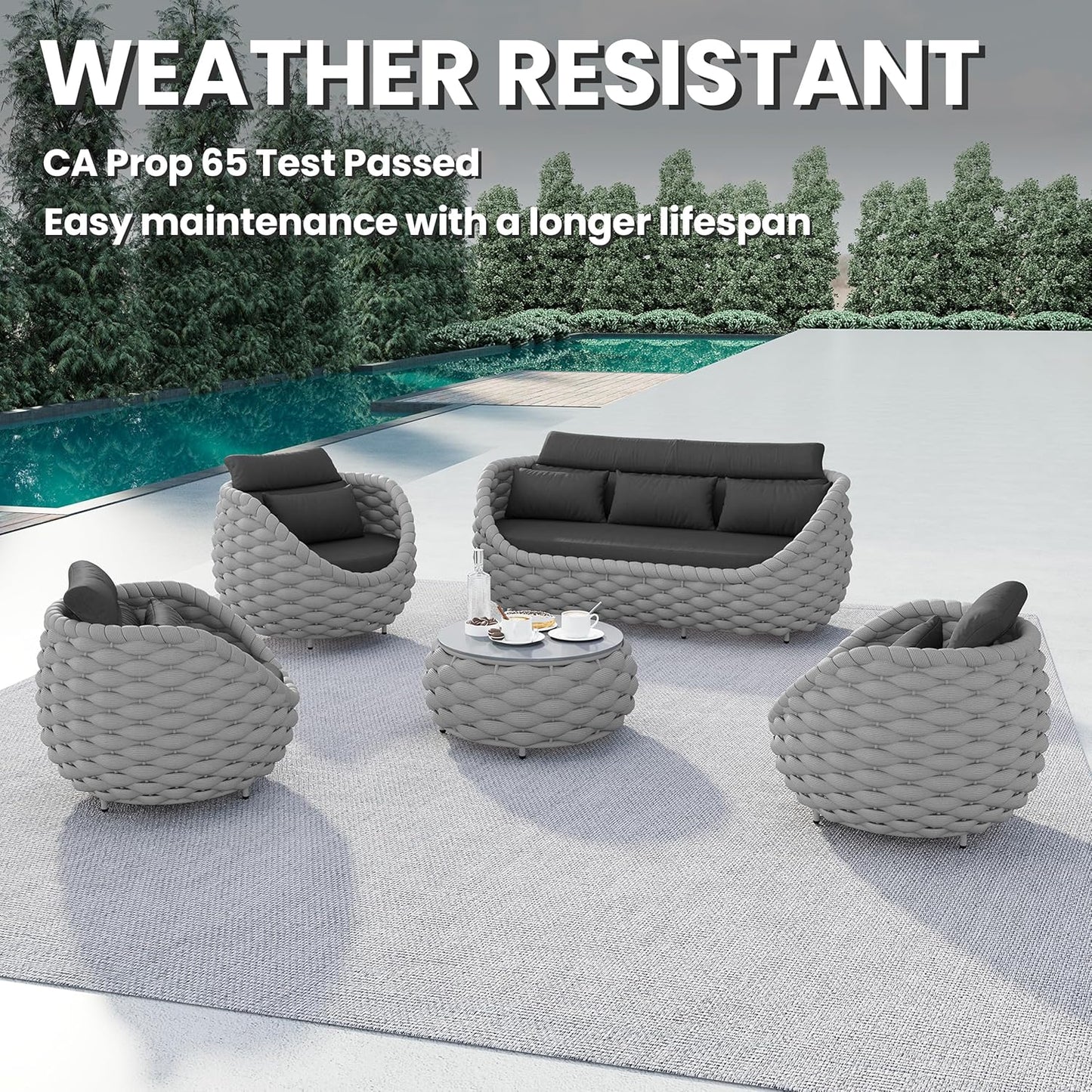 Aluminum Outdoor Seating Set: 5 Pieces Woven Rope Patio Conversation Set - Metal Sofa Set Cushioned Assembled - Modern Couch Porch Furniture for Deck Lanai Balcony Yard Poolside Hotel Resort