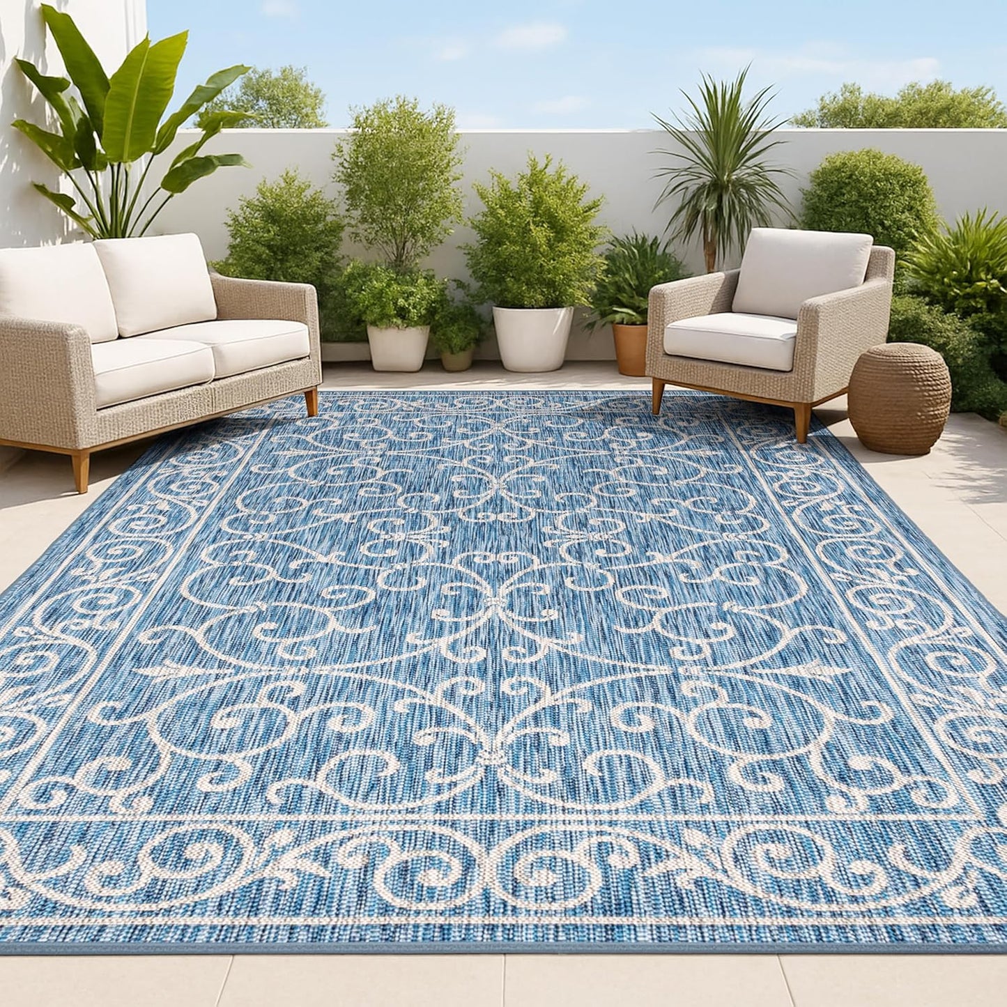 JONATHAN Y SMB106D-14 Charleston Vintage Filigree Textured Weave Navy/Gray 10 ft. x 14 ft. Indoor/Outdoor Area Rug, Pet Friendly, Non-Shedding, Stain Resistant, Easy-Cleaning for Backyard, Patio