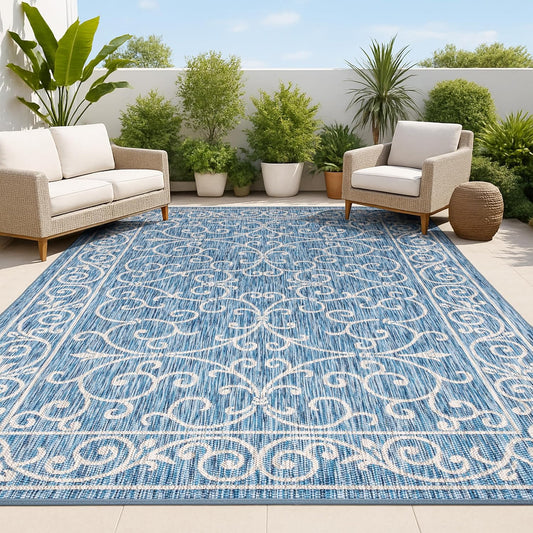 JONATHAN Y SMB106D-8 Charleston Vintage Filigree Textured Weave Indoor/Outdoor Navy/Gray 8 ft. x 10 ft. Area Rug, Classic,Easy Cleaning,HighTraffic,LivingRoom,Backyard, Non Shedding