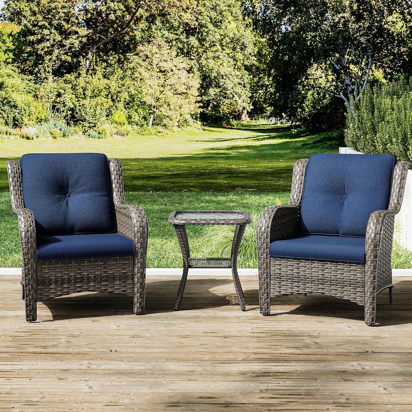 Joyside Patio Bistro Set Wicker Chairs - 3 Piece Outdoor Rattan Conversation Set with 2 Armrest Chair and 1 Side Table for Proch Deck Garden Backyard Balcony(Mixed Grey/Blue)